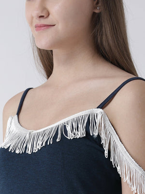 Navy Blue Cami Top with Fringed Neckline detail