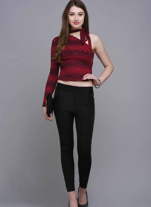 Red One Shoulder Striped Crop top with Tie-up neck