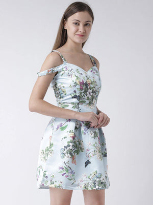 Pastel Blue Cold Shoulder Floral Printed Dress