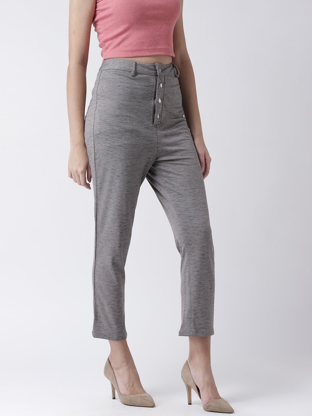 Dashed Grey High Waisted Trousers with Button detail