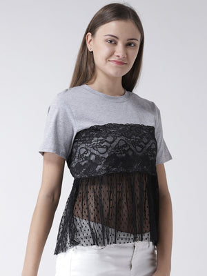 GREY BASIC TOP WITH LACE INSERT