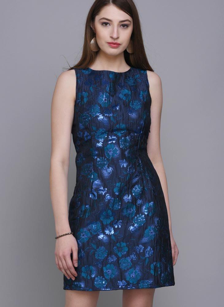 Blue Brocade Dress with Floral Motif