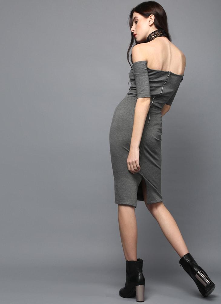 BodyCon Grey Choker Dress with Lace detail