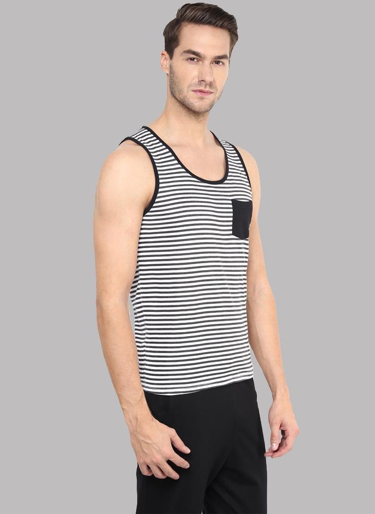 Sleeveless Stripe T-shirt with Pocket detail