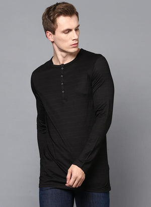 Black Full Sleeve Henley Collar T-Shirt