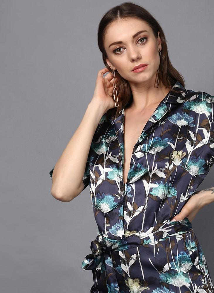 Satin Printed Jumpsuit with Front Lapel Collar