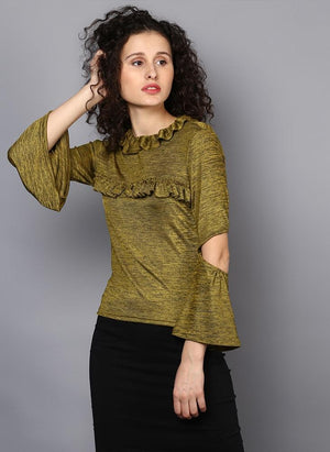 Frill Front Blouse with Elbow Cut-Out