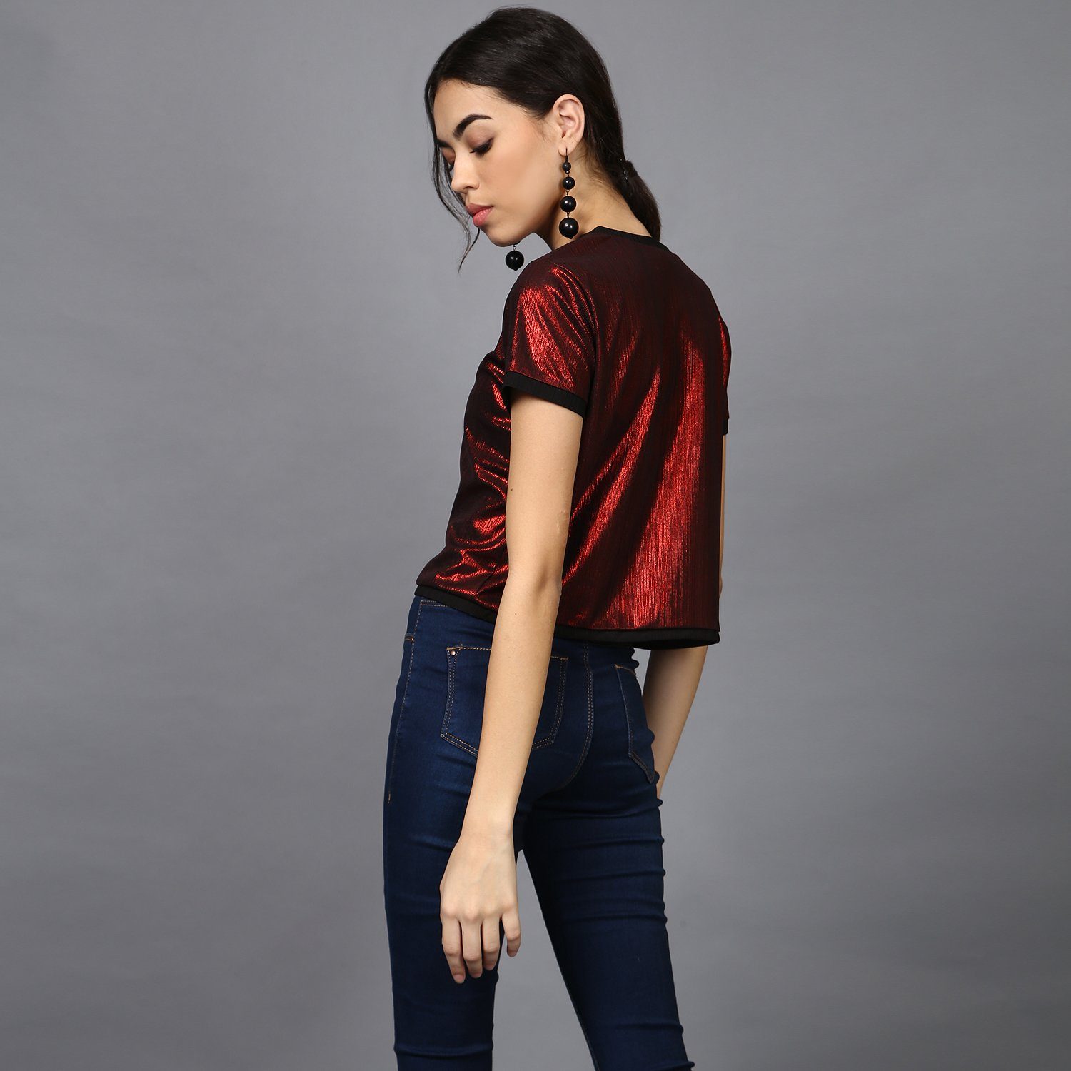 Red Metallic Crop Top with Contrast Rib