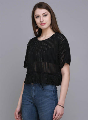 Black Shimmer Crop Top with Ruffle hem