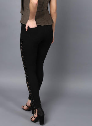 Black Skinny Fit Trousers with Eyelet and Lace Tie-up Detail