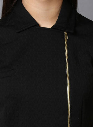 Black Textured Jacket Dress with Front Zipper