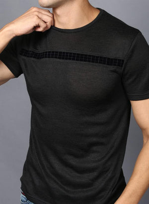Body Fit Crew Neck T-Shirt with Checkered Velvet Detail