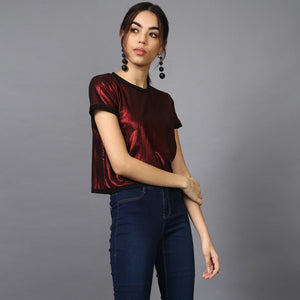 Red Metallic Crop Top with Contrast Rib