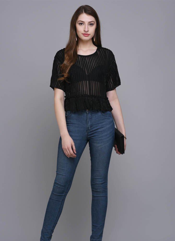 Black Shimmer Crop Top with Ruffle hem