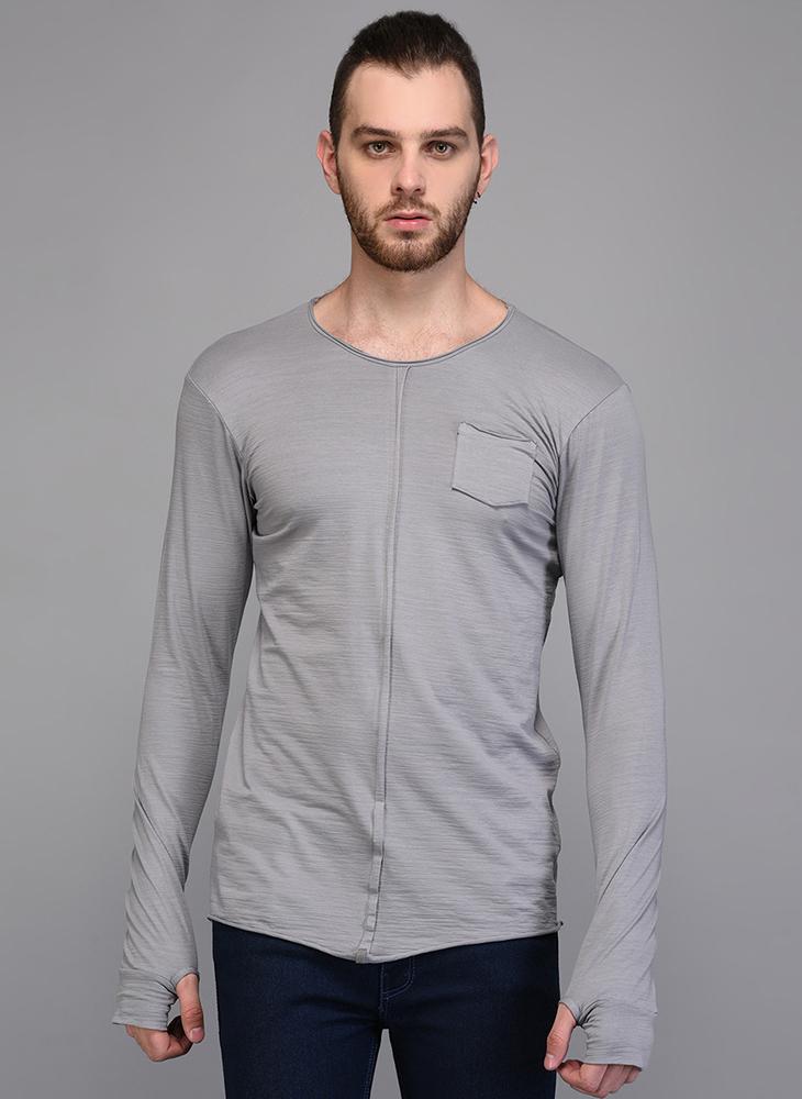 Grey Full Sleeve Paneled T-shirt with Pocket detail