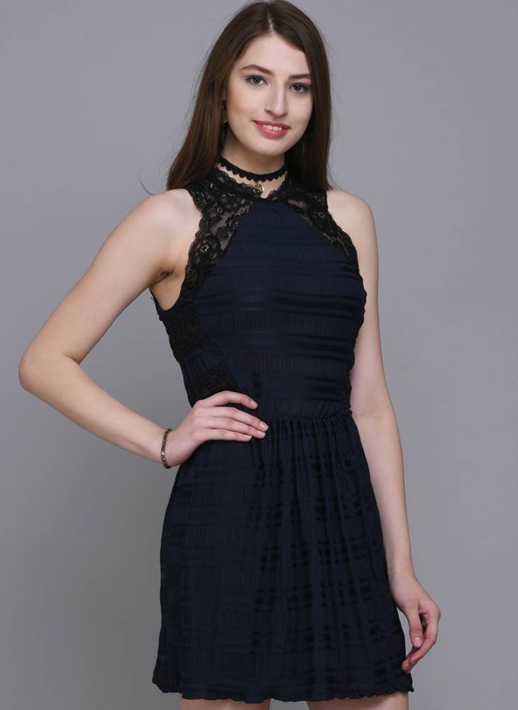 Navy Fit & Flare Dress with Lace Detail