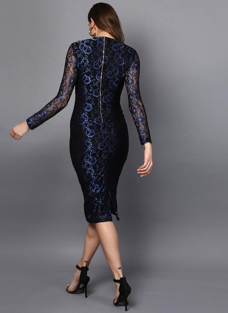 Metallic Blue Lace Body Con Dress