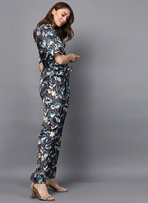 Satin Printed Jumpsuit with Front Lapel Collar