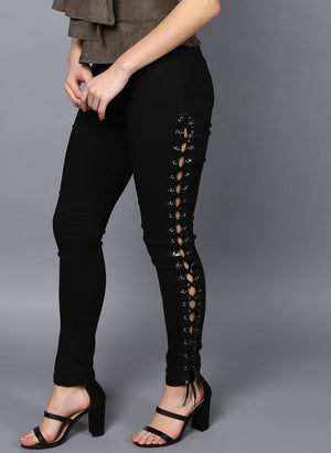 Black Skinny Fit Trousers with Eyelet and Lace Tie-up Detail