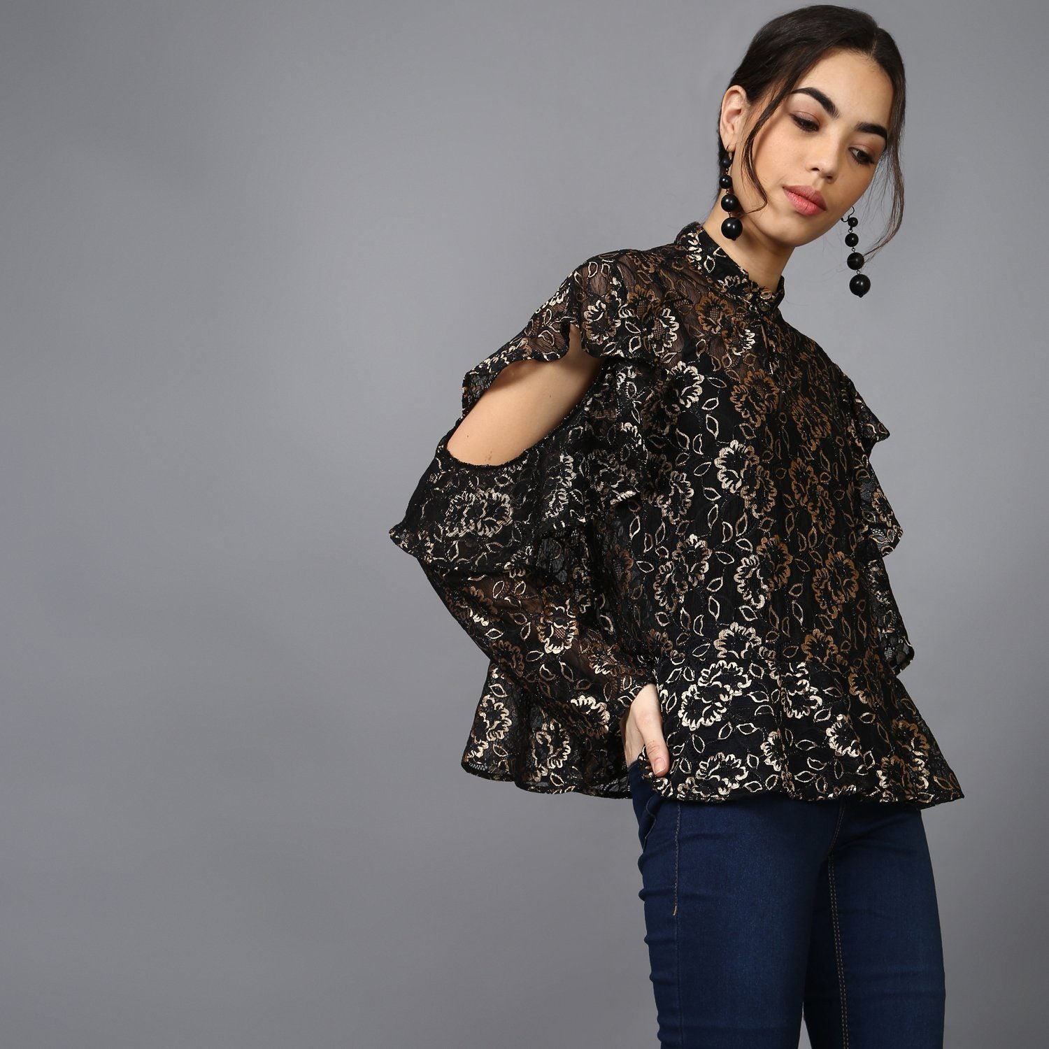 Sheer Gold Lace Ruffled Sleeve Blouse