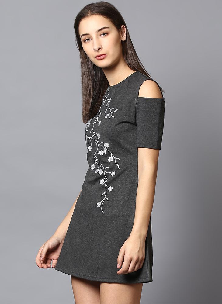 Cold Shoulder Front Embroidered Dress