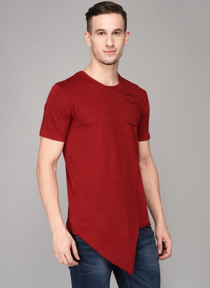 Red Round Neck T-shirt with Front pocket & Handkerchief Hem Detail