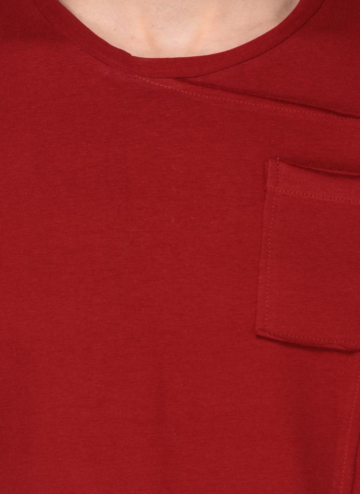 Red Round Neck T-shirt with Front pocket & Handkerchief Hem Detail