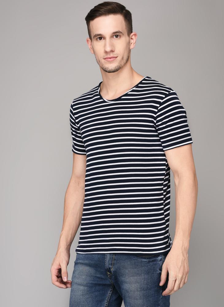 Navy & White Striped Round Neck T-shirt