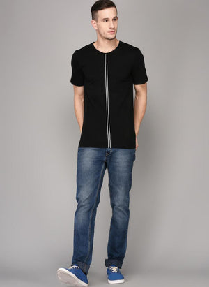 Black Round Neck T-shirt with Contrast Front detail