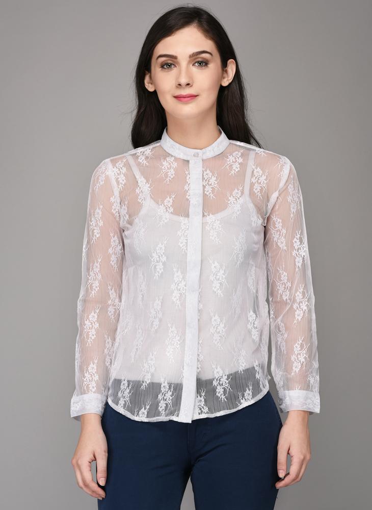 White Lace Shirt with Concealed Button Placket