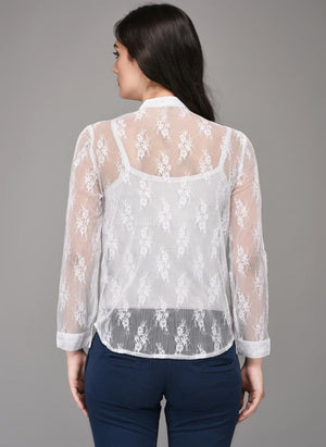 White Lace Shirt with Concealed Button Placket
