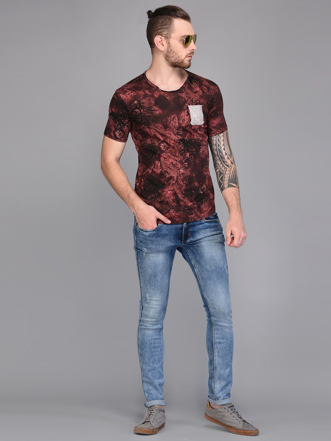 Dark Floral Printed T-shirt with Contrast Pocket detail