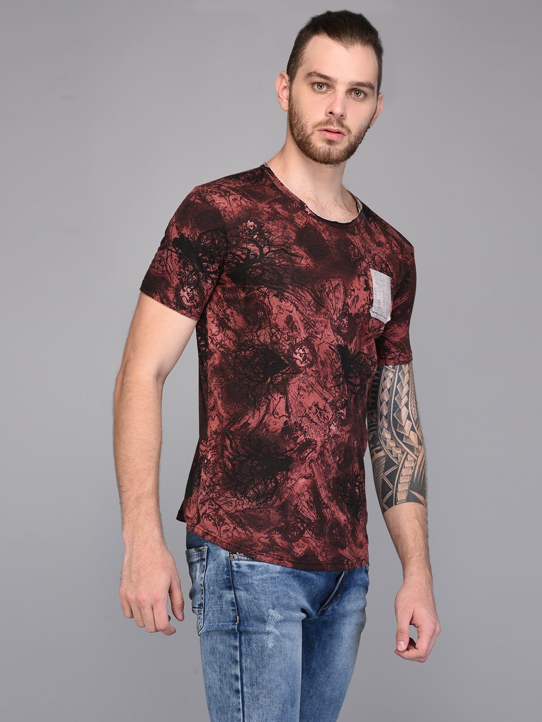 Dark Floral Printed T-shirt with Contrast Pocket detail