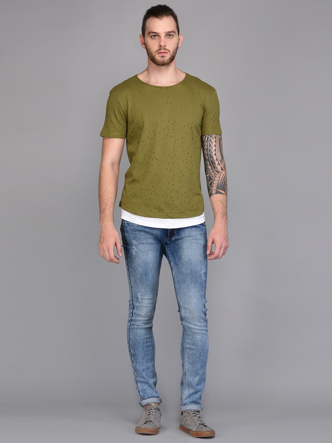Olive Distressed T-shirt with Contrast Lining