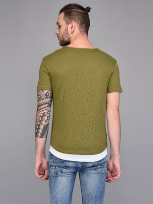 Olive Distressed T-shirt with Contrast Lining