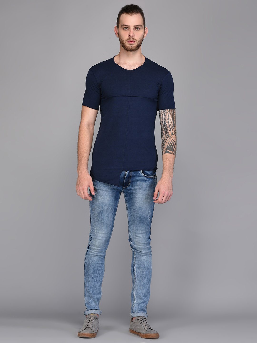 Navy Blue Paneled T-shirt with Asymmetrical Hemline