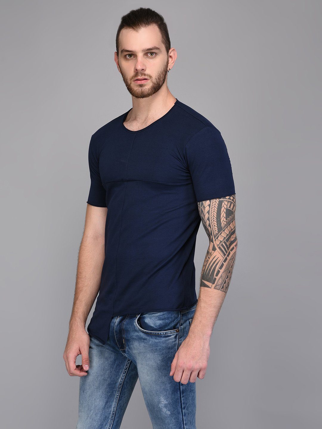 Navy Blue Paneled T-shirt with Asymmetrical Hemline