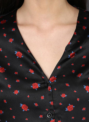 Mini Rose Print Button Down V-Neck Shirt
