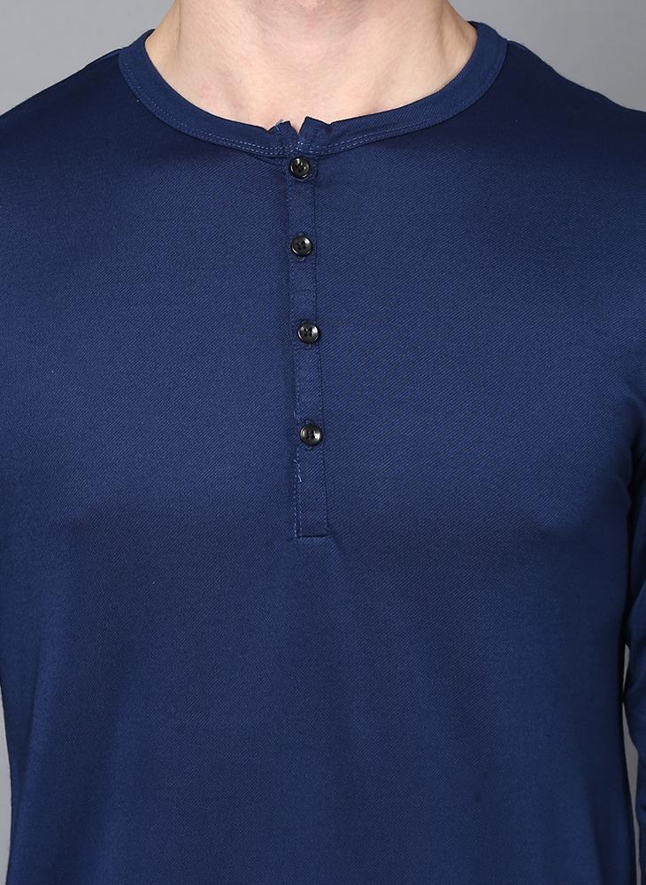 Dark Blue Full Sleeve Henley Collar T-Shirt