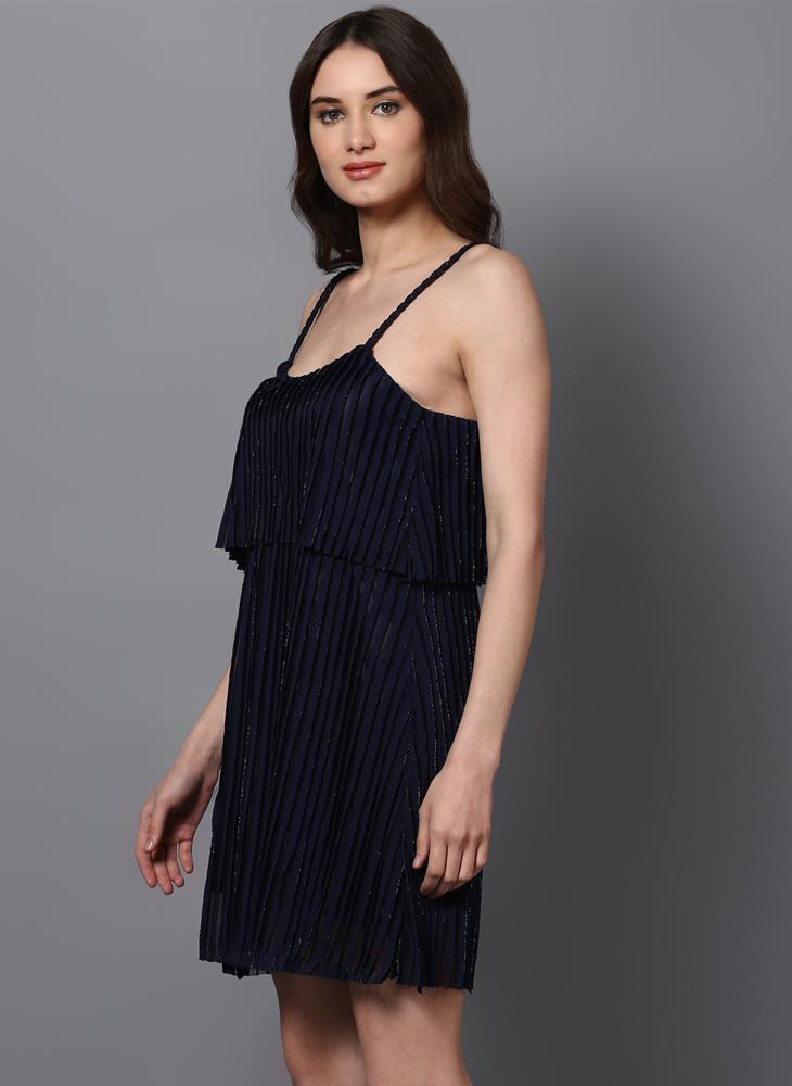 Navy Shift Dress in Pleated Shimmer Fabric