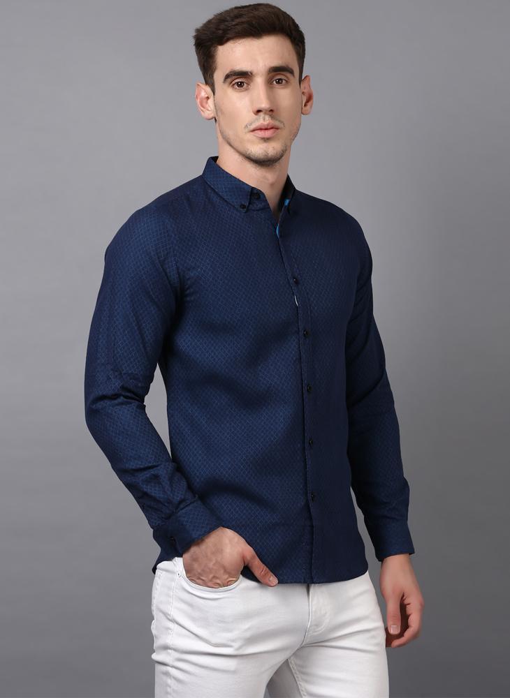 Navy Geometrical Textured Slim Fit Shirt