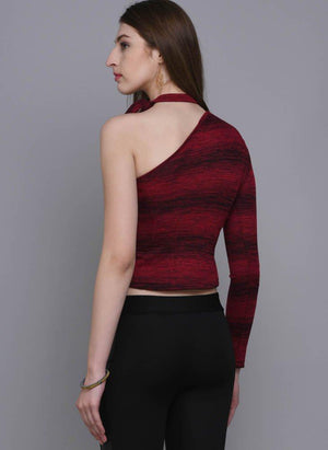 Red One Shoulder Striped Crop top with Tie-up neck