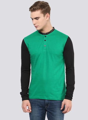 Green Henley T-shirt with Contrast Collar & Sleeves