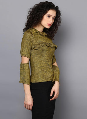 Frill Front Blouse with Elbow Cut-Out
