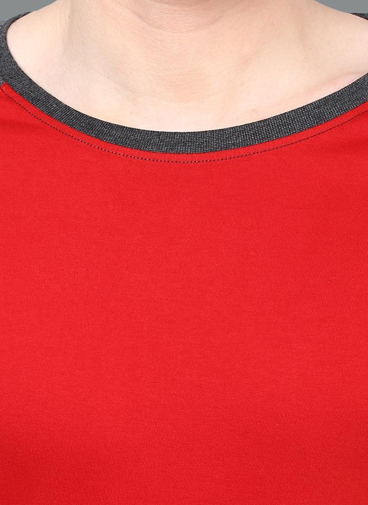 Red Crew Neck T-shirt with Contrast Raglan Sleeves