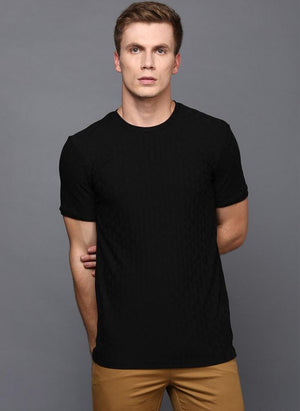 Black Crew Neck Geometrical Textured T-Shirt