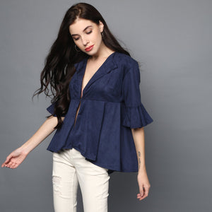Navy-Blue Suede Fit & Flare Open-front Top