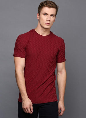 Maroon Crew Neck Geometrical Textured T-Shirt