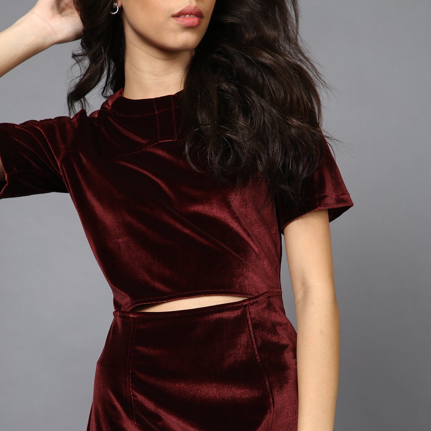 Maroon Velvet Dress with Mid-riff cut out & Stitch Detail