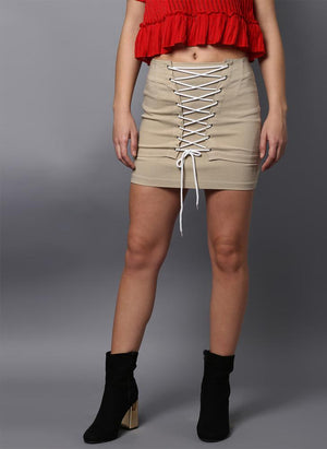 Beige Mini Skirt with Front Tie-Up detail